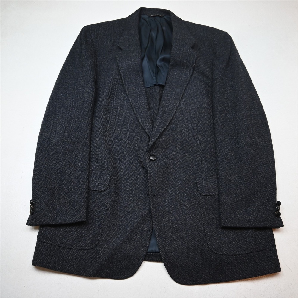 Vtg USA 46L Blue Herringbone 100% Wool Tweed Mens Blazer Jacket Sport Coat